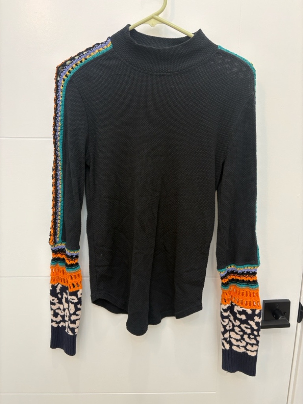 Free People Black Long Sleeve Shirt with Colorful Knit Arm Details